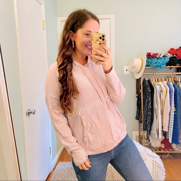 Chaser Tops - CHASER Pastel Pink Purple Waffle Knit Thermal Soft Cozy Hoodie Lounge Large L